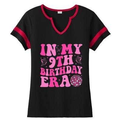 Groovy In My 9th Birthday Era Nine 9 Years Old Birthday Ladies Halftime Notch Neck Tee