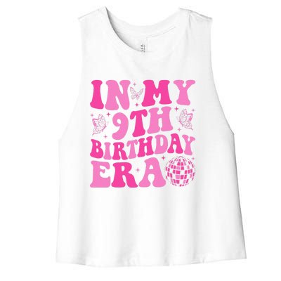 Groovy In My 9th Birthday Era Nine 9 Years Old Birthday Women's Racerback Cropped Tank