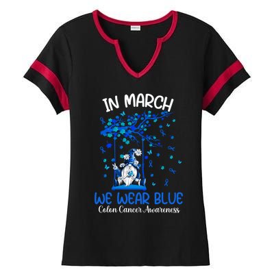 Gnome In March We Wear Blue Clothing Colon Cancer Awareness Gift Ladies Halftime Notch Neck Tee