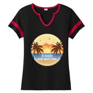 Grenada Is My Happy Place Fun Beach Vacation Palm Trees Sun Meaningful Gift Ladies Halftime Notch Neck Tee