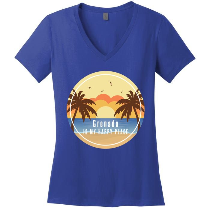 Grenada Is My Happy Place Fun Beach Vacation Palm Trees Sun Meaningful Gift Women's V-Neck T-Shirt