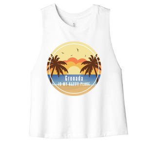 Grenada Is My Happy Place Fun Beach Vacation Palm Trees Sun Meaningful Gift Women's Racerback Cropped Tank