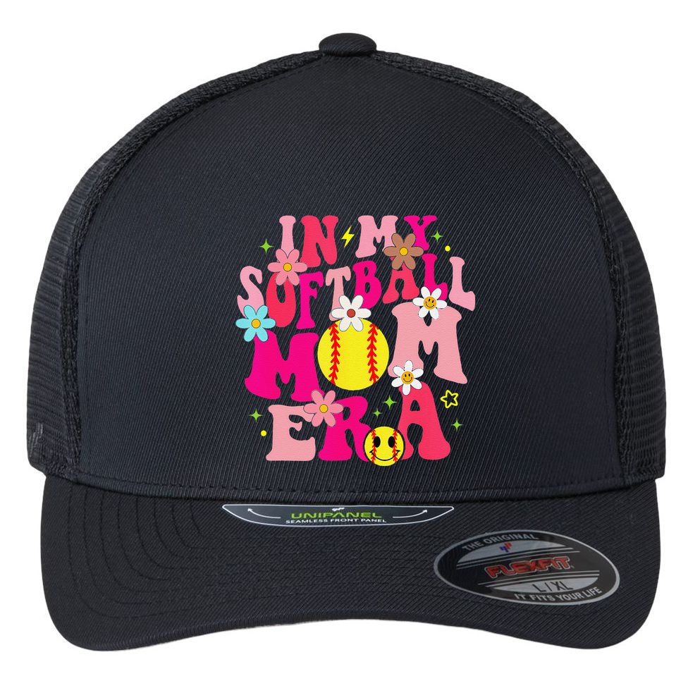 Groovy In My Softball Mom Era Life Game Day Vibes Mama Pink Flexfit Unipanel Trucker Cap