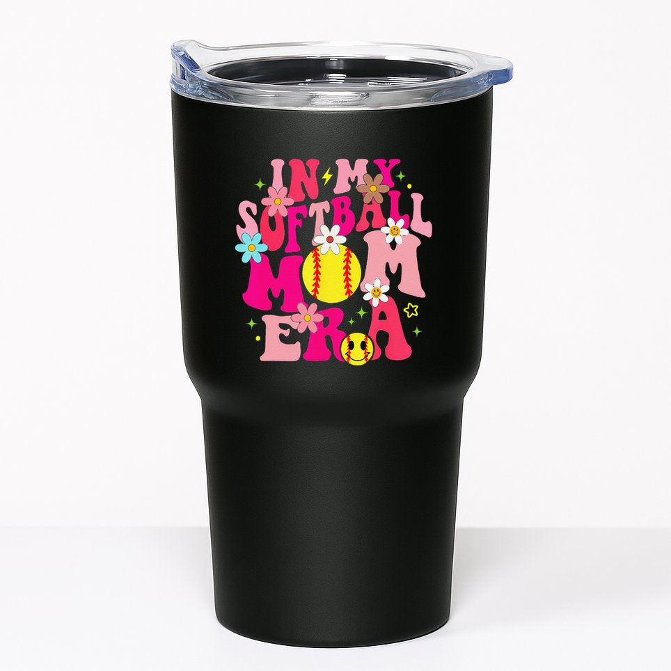 Groovy In My Softball Mom Era Life Game Day Vibes Mama Pink Tumbler