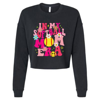 Groovy In My Softball Mom Era Life Game Day Vibes Mama Pink Cropped Pullover Crew