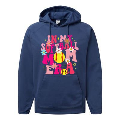 Groovy In My Softball Mom Era Life Game Day Vibes Mama Pink Performance Fleece Hoodie