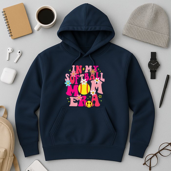Groovy In My Softball Mom Era Life Game Day Vibes Mama Pink Hoodie