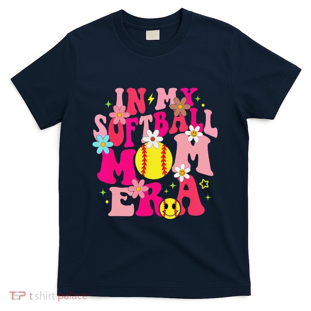Groovy In My Softball Mom Era Life Game Day Vibes Mama Pink T-Shirt