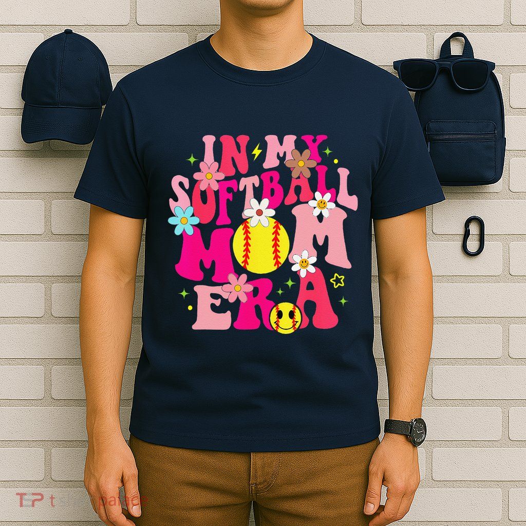 Groovy In My Softball Mom Era Life Game Day Vibes Mama Pink T-Shirt