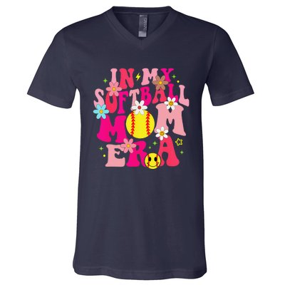 Groovy In My Softball Mom Era Life Game Day Vibes Mama Pink V-Neck T-Shirt