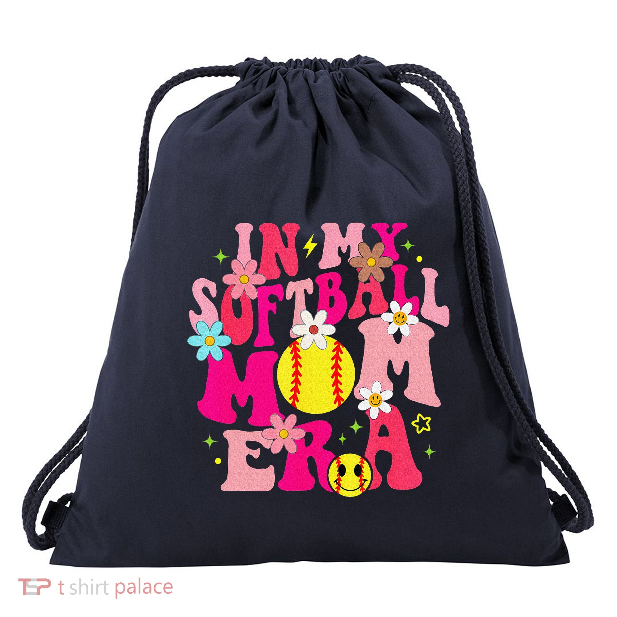 Groovy In My Softball Mom Era Life Game Day Vibes Mama Pink Drawstring Bag