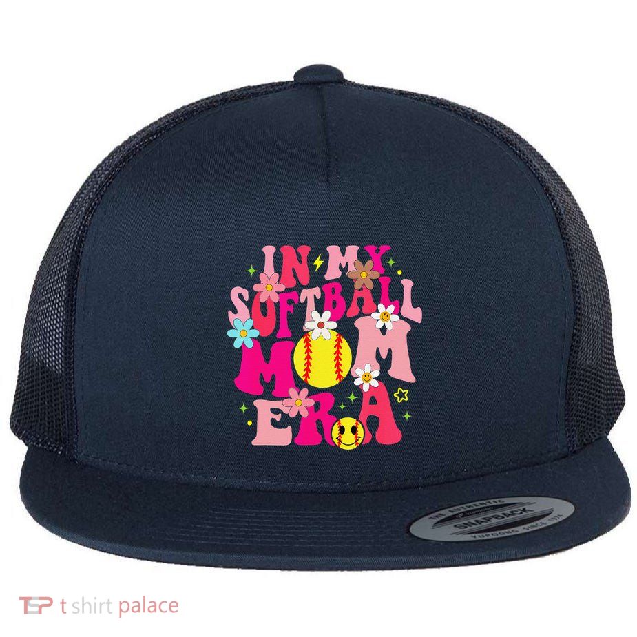 Groovy In My Softball Mom Era Life Game Day Vibes Mama Pink Flatbill Hat