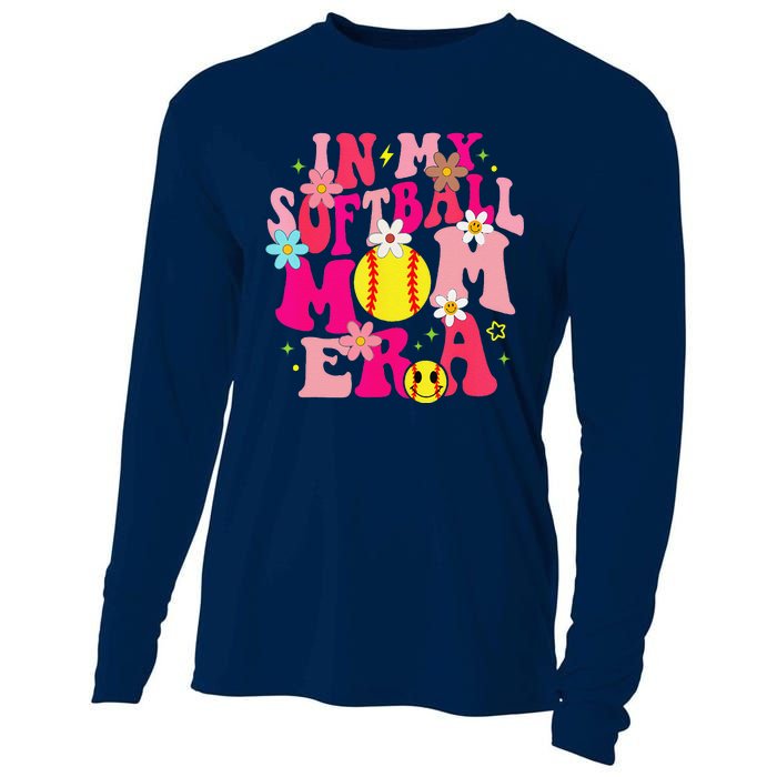 Groovy In My Softball Mom Era Life Game Day Vibes Mama Pink Cooling Performance Long Sleeve Crew