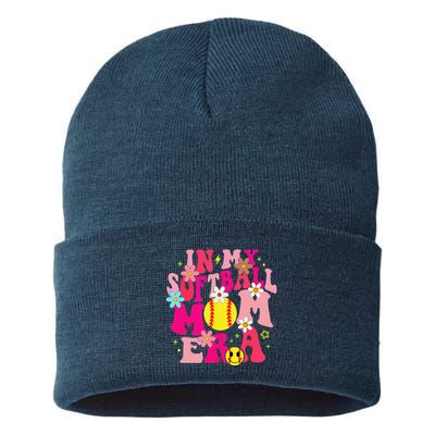 Groovy In My Softball Mom Era Life Game Day Vibes Mama Pink Sustainable Knit Beanie