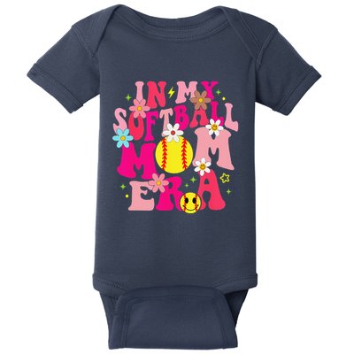 Groovy In My Softball Mom Era Life Game Day Vibes Mama Pink Baby Bodysuit