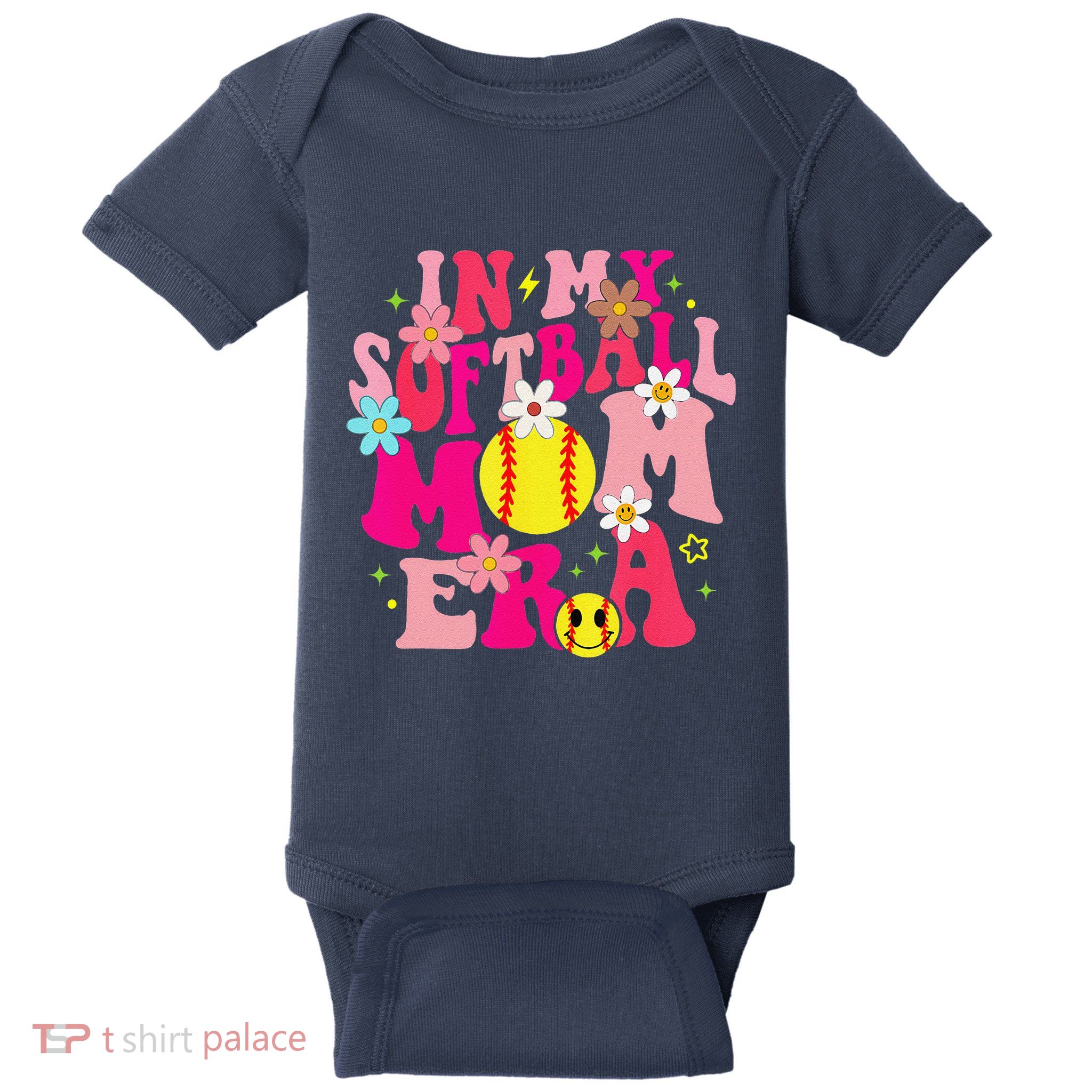 Groovy In My Softball Mom Era Life Game Day Vibes Mama Pink Baby Bodysuit
