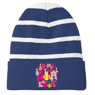 Groovy In My Softball Mom Era Life Game Day Vibes Mama Pink Striped Beanie with Solid Band