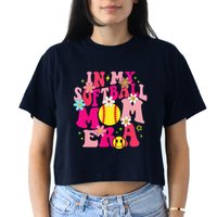 Groovy In My Softball Mom Era Life Game Day Vibes Mama Pink Women's Crop Top Tee