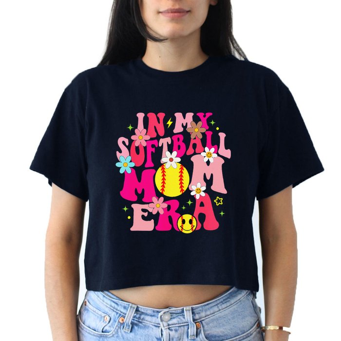 Groovy In My Softball Mom Era Life Game Day Vibes Mama Pink Women's Crop Top Tee