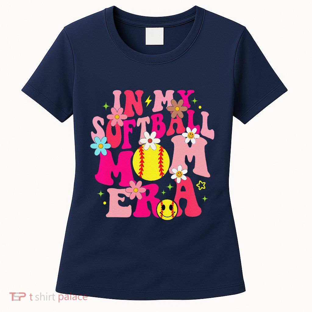 Groovy In My Softball Mom Era Life Game Day Vibes Mama Pink Womens T-Shirt