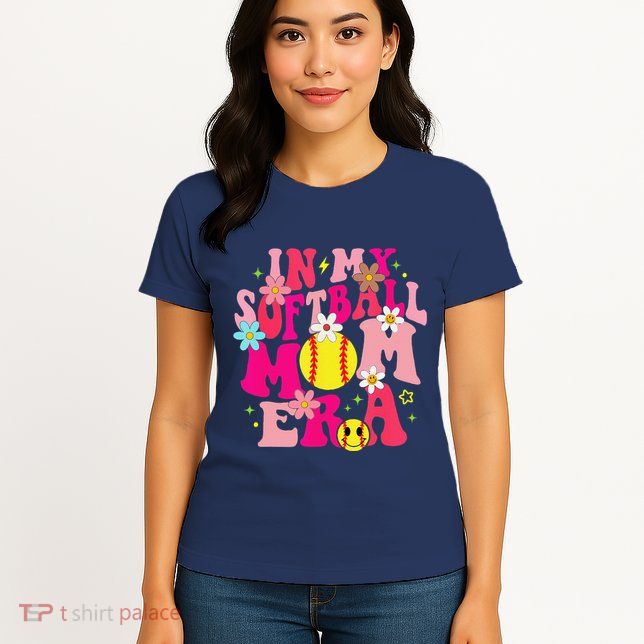 Groovy In My Softball Mom Era Life Game Day Vibes Mama Pink Womens T-Shirt