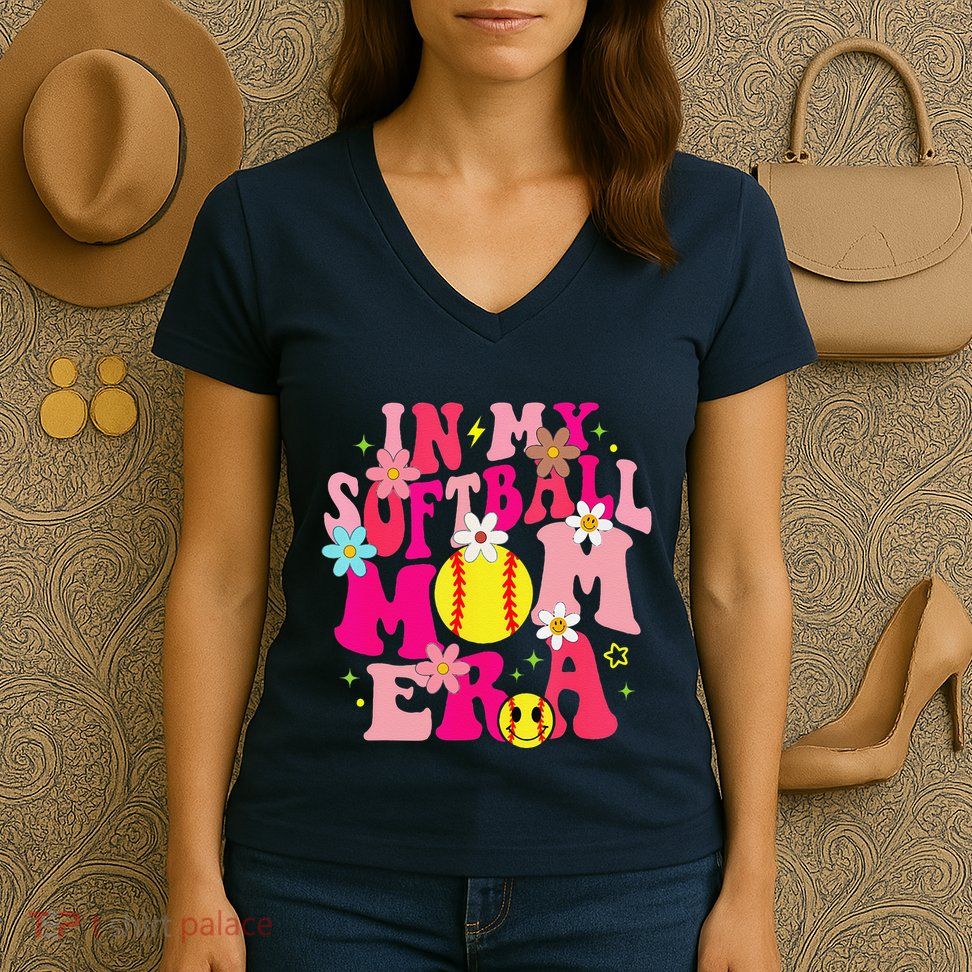 Groovy In My Softball Mom Era Life Game Day Vibes Mama Pink Women's V-Neck T-Shirt