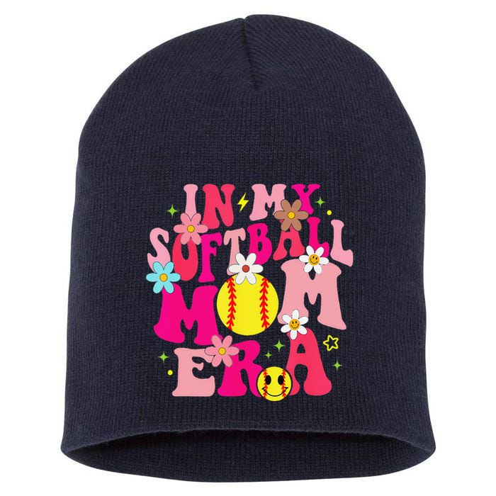 Groovy In My Softball Mom Era Life Game Day Vibes Mama Pink Short Acrylic Beanie