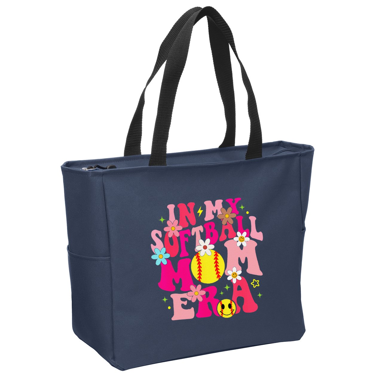 Groovy In My Softball Mom Era Life Game Day Vibes Mama Pink Zip Tote Bag
