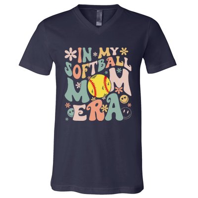 Groovy In My Softball Mom Era Mom Life Game Day Vibes Mama V-Neck T-Shirt