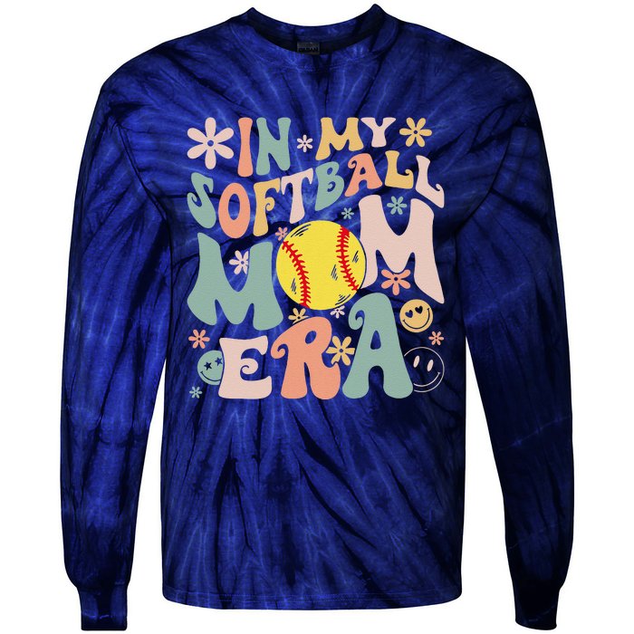 Groovy In My Softball Mom Era Mom Life Game Day Vibes Mama Tie-Dye Long Sleeve Shirt