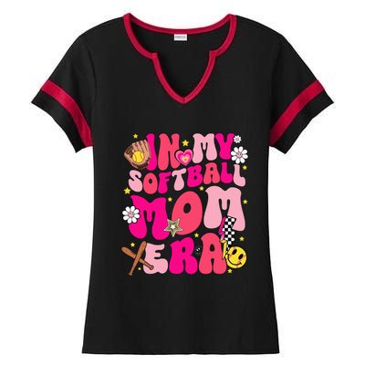 Groovy In My Softball Mom Era Mom Life Game Day Vibes Mama Ladies Halftime Notch Neck Tee