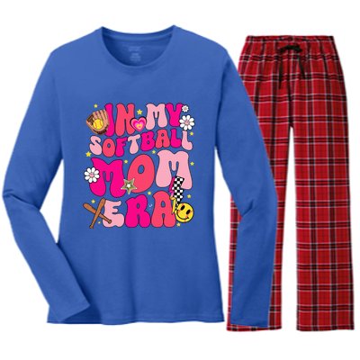 Groovy In My Softball Mom Era Mom Life Game Day Vibes Mama Women's Long Sleeve Flannel Pajama Set 