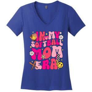 Groovy In My Softball Mom Era Mom Life Game Day Vibes Mama Women's V-Neck T-Shirt