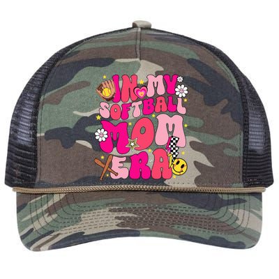 Groovy In My Softball Mom Era Mom Life Game Day Vibes Mama Retro Rope Trucker Hat Cap