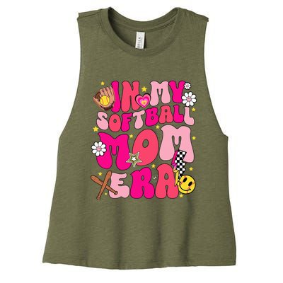 Groovy In My Softball Mom Era Mom Life Game Day Vibes Mama Women's Racerback Cropped Tank