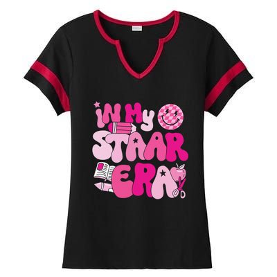 Groovy In My Staar Era Teacher Teacher Squad Test Day School Ladies Halftime Notch Neck Tee