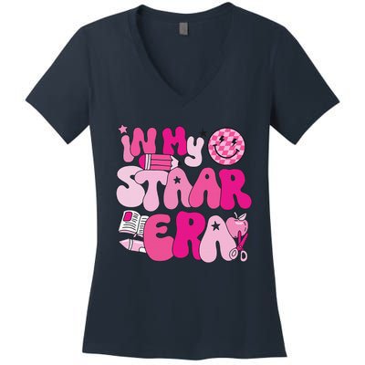 Groovy In My Staar Era Teacher Teacher Squad Test Day School Women's V-Neck T-Shirt