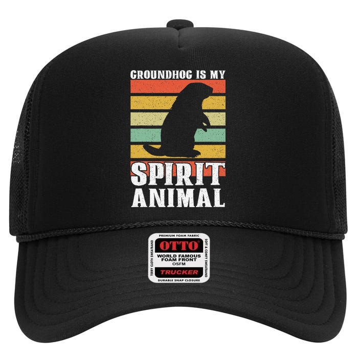 Groundhog Is My Spirit Animal Groundhog Day Funny Retro High Crown Mesh Back Trucker Hat