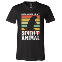 Groundhog Is My Spirit Animal Groundhog Day Funny Retro V-Neck T-Shirt