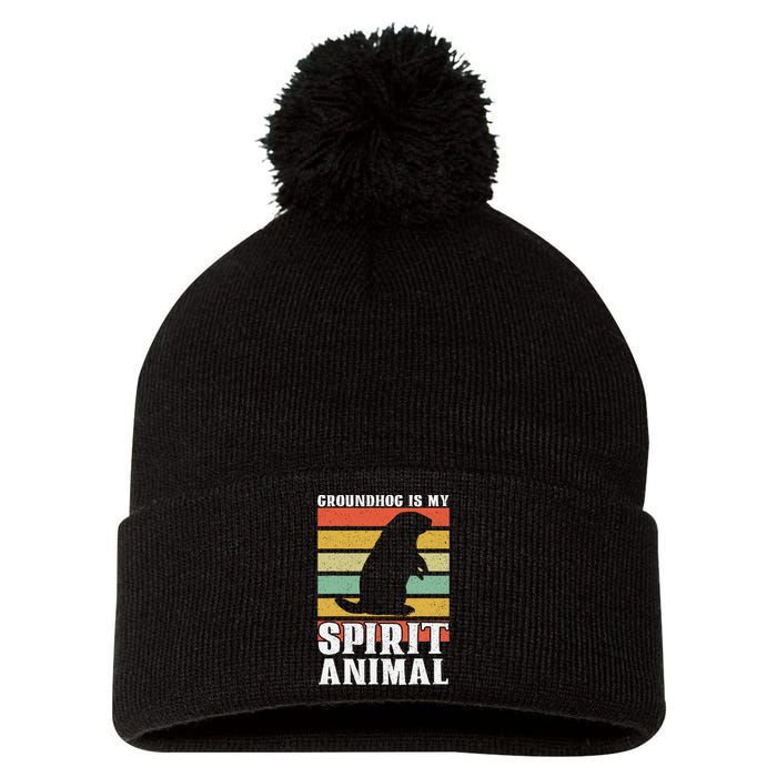 Groundhog Is My Spirit Animal Groundhog Day Funny Retro Pom Pom 12in Knit Beanie