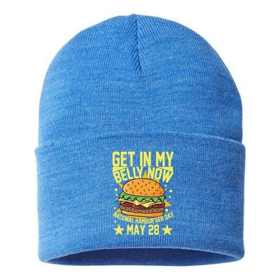 Get In My Belly Now National Hamburger Day May 28 Hamburger Gift Sustainable Knit Beanie