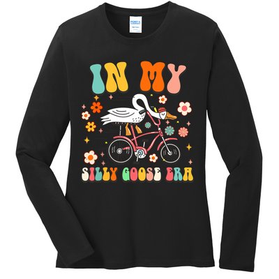 Groovy In My Silly Goose Era Funny Duck Saying Goose Meme Ladies Long Sleeve Shirt