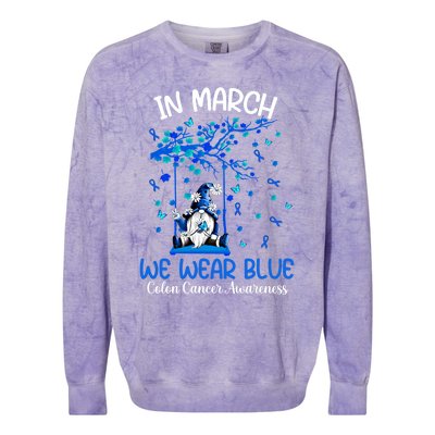 Gnome In March We Wear Blue Clothing Colon Cancer Awareness Cute Gift Colorblast Crewneck Sweatshirt