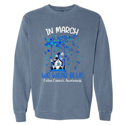 Gnome In March We Wear Blue Clothing Colon Cancer Awareness Cute Gift Garment-Dyed Sweatshirt