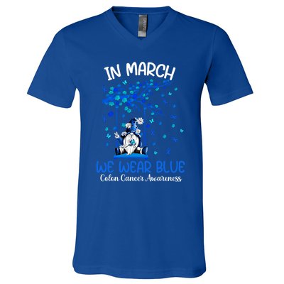 Gnome In March We Wear Blue Clothing Colon Cancer Awareness Cute Gift V-Neck T-Shirt