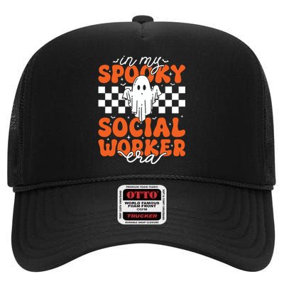 Groovy In My Spooky Social Worker Era Cute Ghost Halloween High Crown Mesh Back Trucker Hat