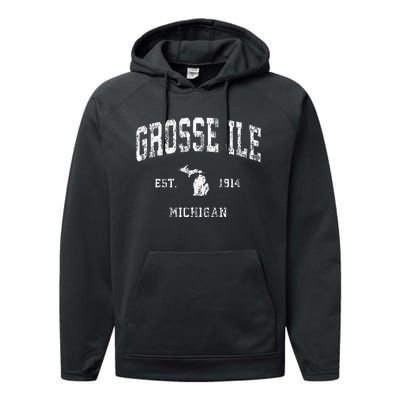 Grosse Ile Michigan MI Vintage Athletic Sports Design Performance Fleece Hoodie