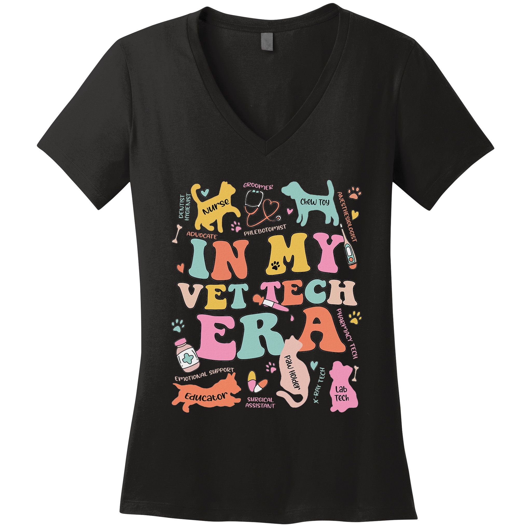 Groovy In My Vet Tech Era Monogrammed Veterinarian Grad Women's V-Neck T-Shirt