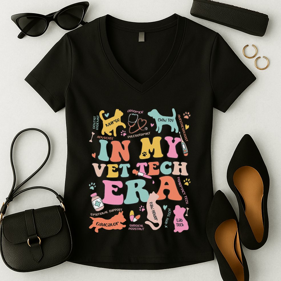 Groovy In My Vet Tech Era Monogrammed Veterinarian Grad Women's V-Neck T-Shirt