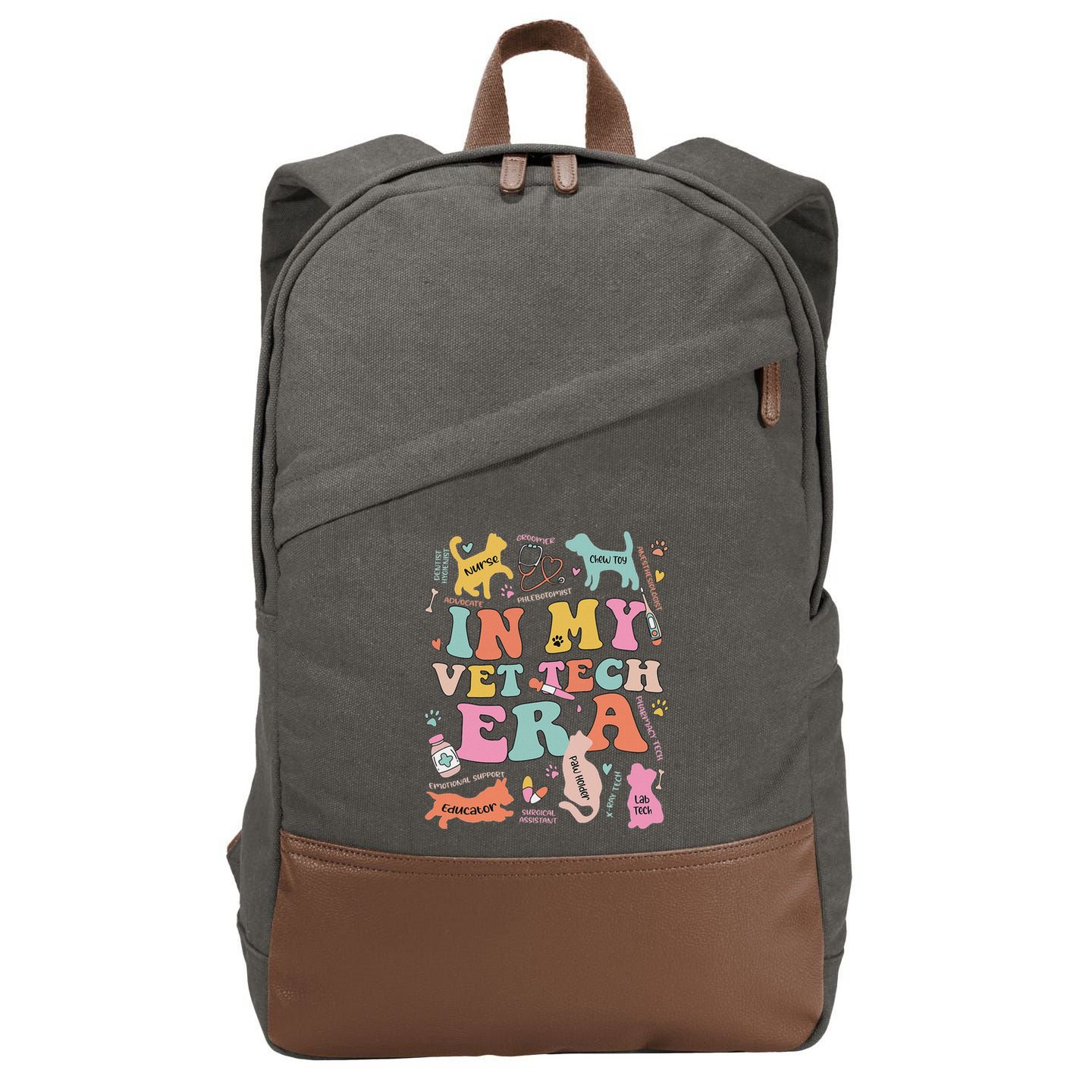 Groovy In My Vet Tech Era Monogrammed Veterinarian Grad Cotton Canvas Backpack